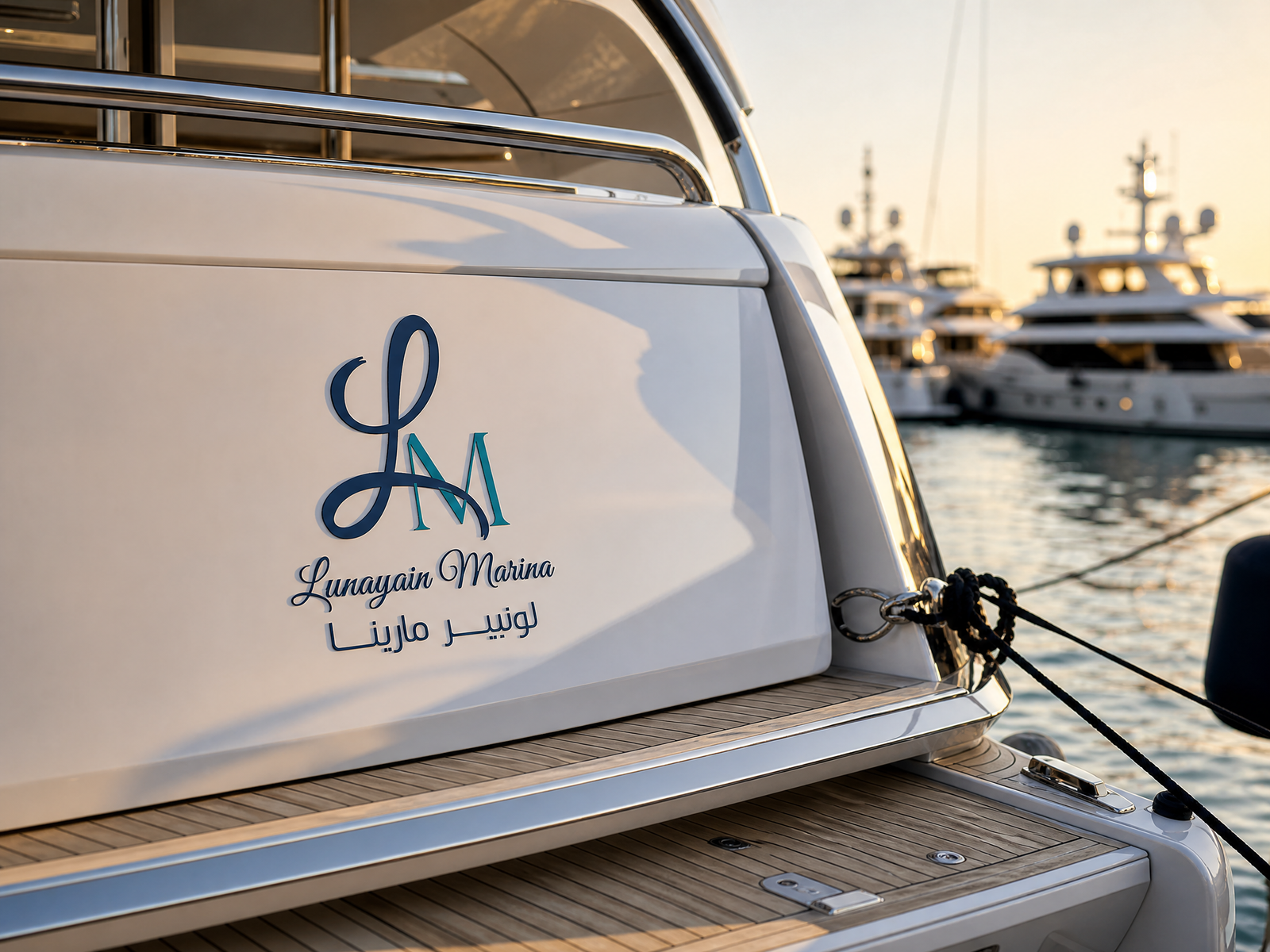 Luxury yacht berthed at a marina at dusk